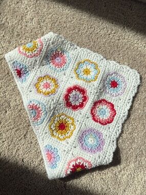 Crochet Floral Head Scarf - White with Pastel Flowers
